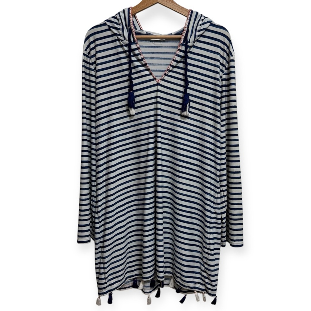 Cabana Life Navy Stripe Hooded Swim Cover Up‎ XL